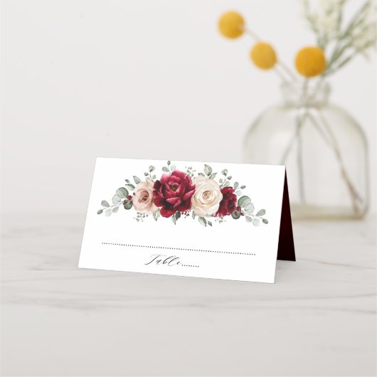 Burgundy Champagne Ivory Mauve Rose Floral Wedding Platzkarte (Vorderseite)