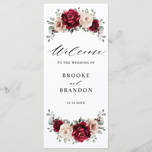 Burgundy Champagne Ivory Mauve Rose Floral Wedding Programm (Vorderseite)