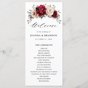 Burgundy Champagne Ivory Mauve Rose Floral Wedding Programm
