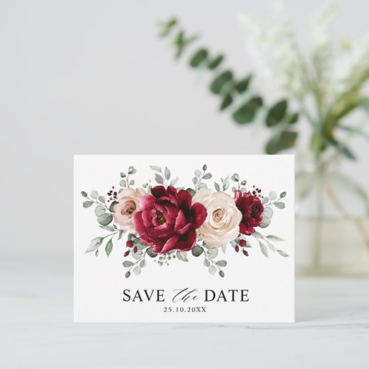 Burgundy Champagne Ivory Mauve Rose Save the Date Postkarte (Stehend Vorderseite)