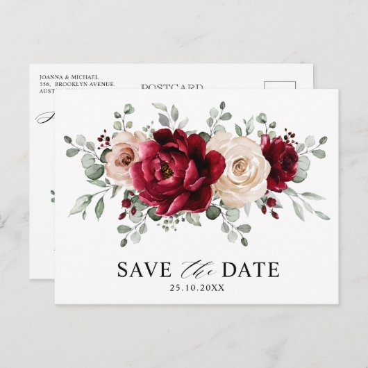 Burgundy Champagne Ivory Mauve Rose Save the Date Postkarte (Vorne/Hinten)