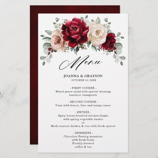 Burgundy Champagne Ivory Mauve Rose Wedding Menu (Vorne/Hinten)
