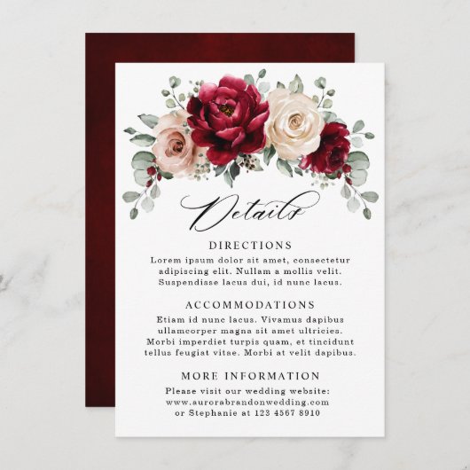 Burgundy Champagne Ivory Mauve Wedding Details Begleitkarte (Vorne/Hinten)