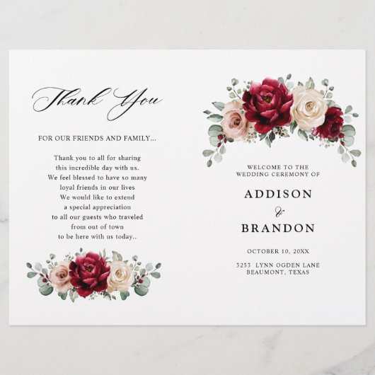 Burgundy Champagne Ivory Mauve Wedding Programm (Vorderseite)