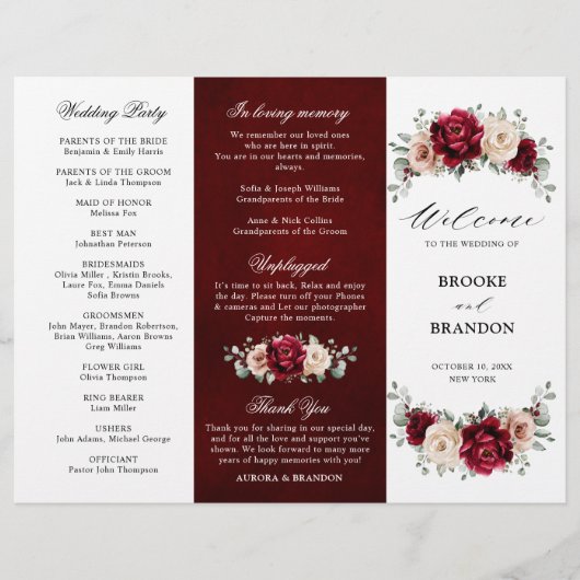 Burgundy Champagne Ivory Mauve Wedding Programm (Vorderseite)