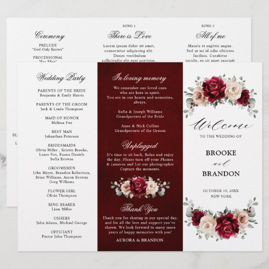 Burgundy Champagne Ivory Mauve Wedding Programm (Vorne/Hinten)