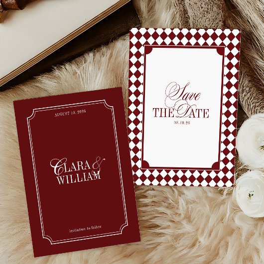 Burgundy Checkered Old Money Wedding Save The Date