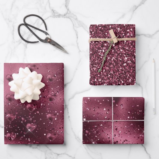 Burgundy Cherry Glitzer Sparkle Herz Geschenkpapier Set (Vorderseite)