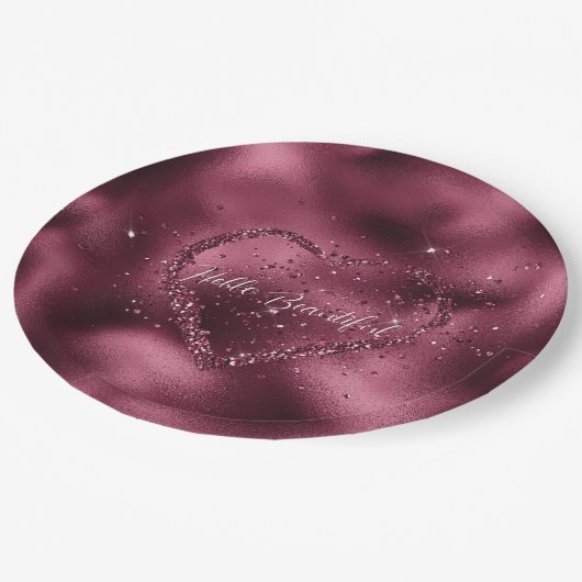 Burgundy Cherry Glitzer Sparkle Herz Pappteller (Schrägansicht)