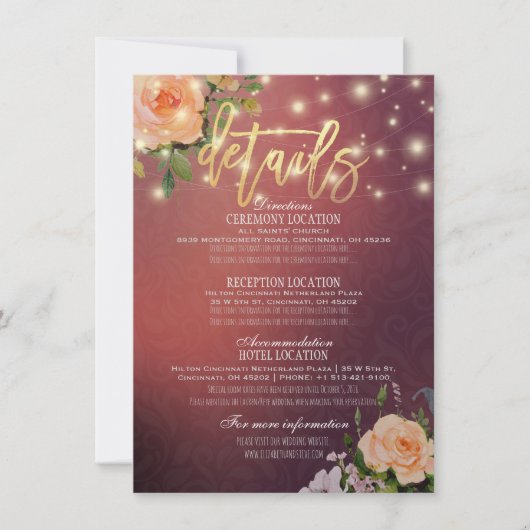 Burgundy Chic Floral String Lights Hochzeitsdetail Einladung (Vorderseite)