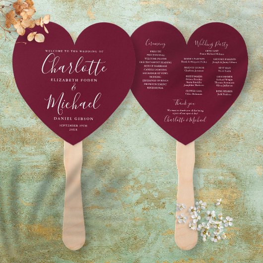 Burgundy Chic Wedding Program Heart Fächer