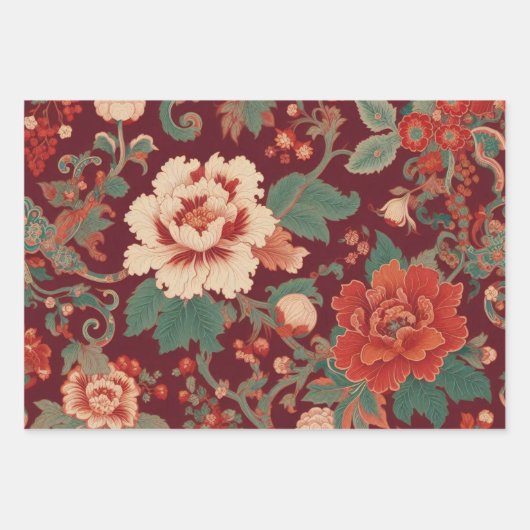 Burgundy Chinoiserie Antique Toile de Jouy Floral Geschenkpapier Set (Vorderseite 2)