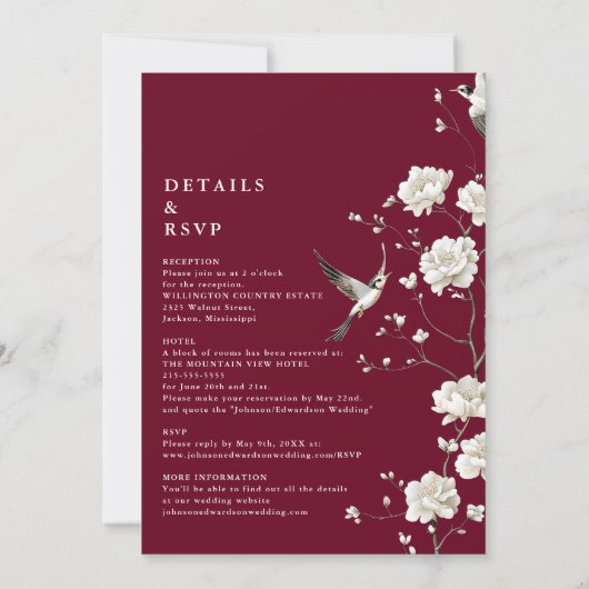 Burgundy Chinoiserie Bläserei auf einer Hochzeit Einladung (Rückseite)