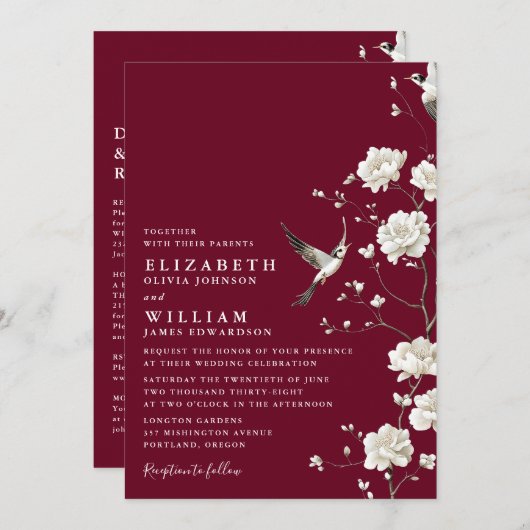 Burgundy Chinoiserie Bläserei auf einer Hochzeit Einladung (Vorne/Hinten)