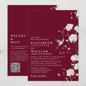Burgundy Chinoiserie Floral Garden QR Code Wedding Einladung (Vorne/Hinten)