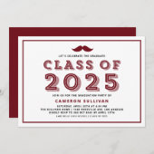 Burgundy Class of 2025 Mustache Retro Abschluss Einladung (Vorne/Hinten)
