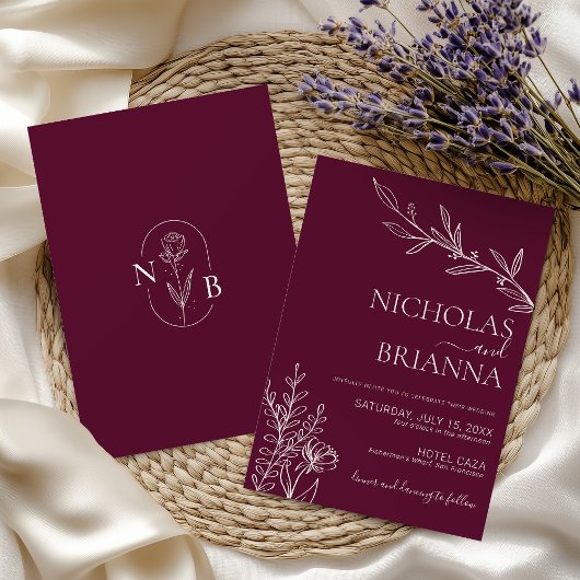 Burgundy Classic Minimalist Modern Boho Wedding Einladung