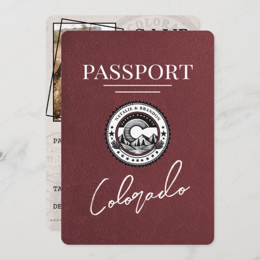 Burgundy Colorado Passport Save the Date (Vorne/Hinten)