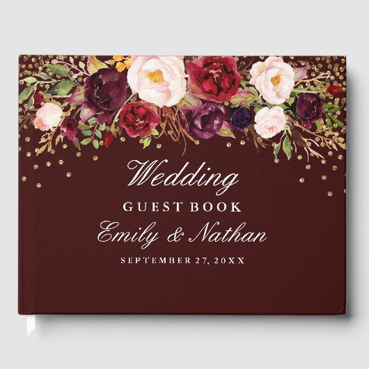 Burgundy Confetti Floral Wedding Gästebuch (Vorderseite)