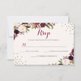 Burgundy Confetti Floral Wedding RSVP Karte