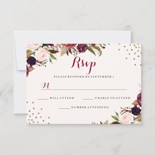 Burgundy Confetti Floral Wedding RSVP Karte (Vorderseite)