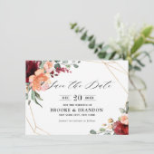 Burgundy Coral Orange Eukalyptus Save the Date (Stehend Vorderseite)