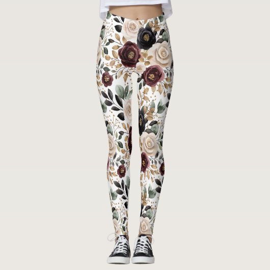 Burgundy Cream Black Floral Leggings (Vorderseite)