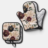 Burgundy Cream Black Floral Ofenhandschuh & Topflappen-Set (Vorderseite/Rückseite)