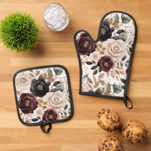 Burgundy Cream Black Floral Ofenhandschuh & Topflappen-Set