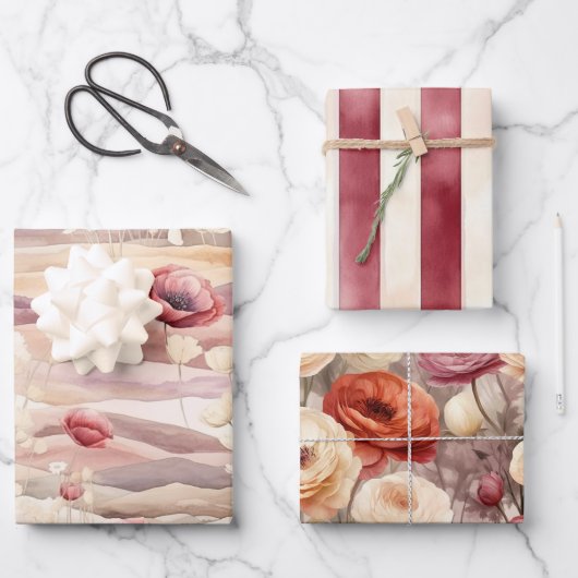 Burgundy Cream Blush Bloral Brautparty Geschenkpapier Set (Vorderseite)