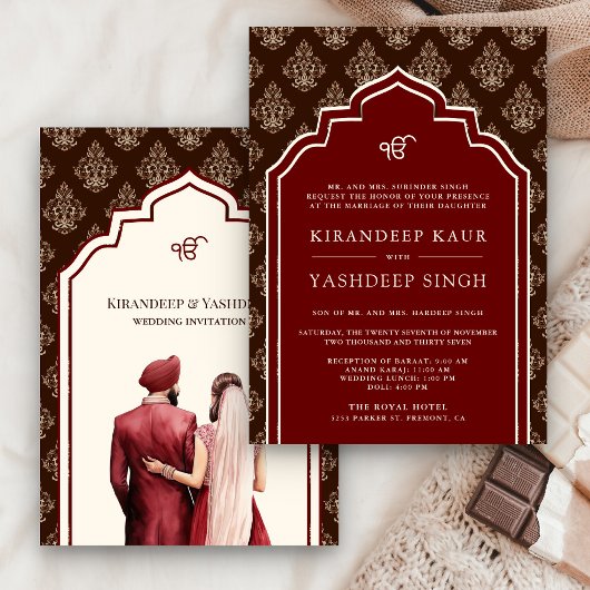 Burgundy Cream Brown Ikat Anand Karaj Sikh Wedding Einladung
