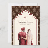 Burgundy Cream Brown Ikat Anand Karaj Sikh Wedding Einladung (Vorderseite)