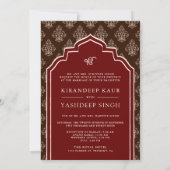 Burgundy Cream Brown Ikat Anand Karaj Sikh Wedding Einladung (Rückseite)