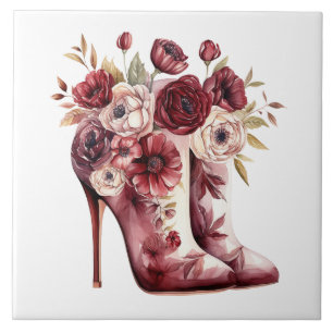 Burgundy Cream Floral Boots Fliese