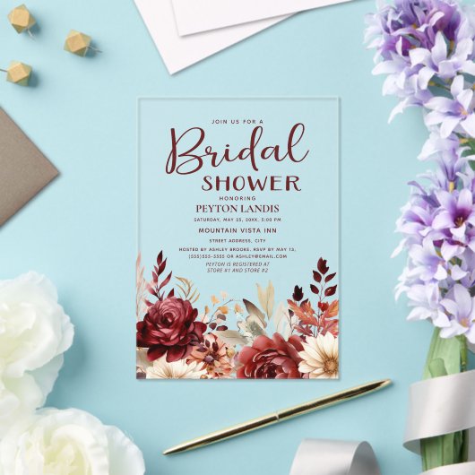 Burgundy Cream Floral Brautparty Acryleinladungen (In Situ (Hochzeit))