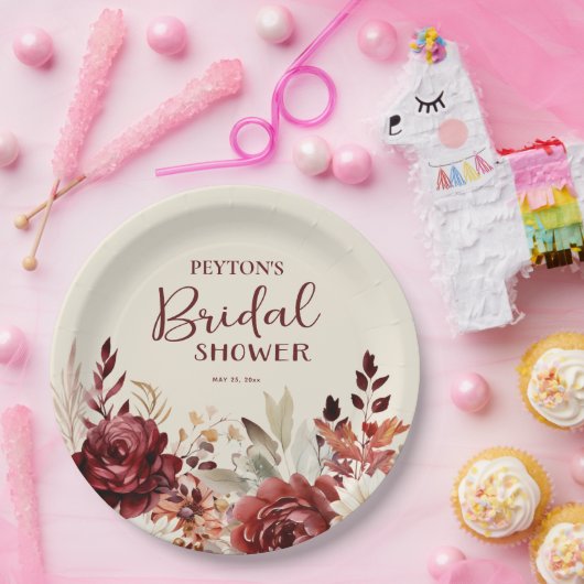 Burgundy Cream Floral Brautparty Pappteller (Party)