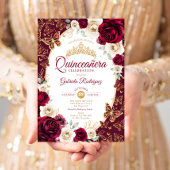 Burgundy Cream Gold Floral Chic Quinceanera Einladung