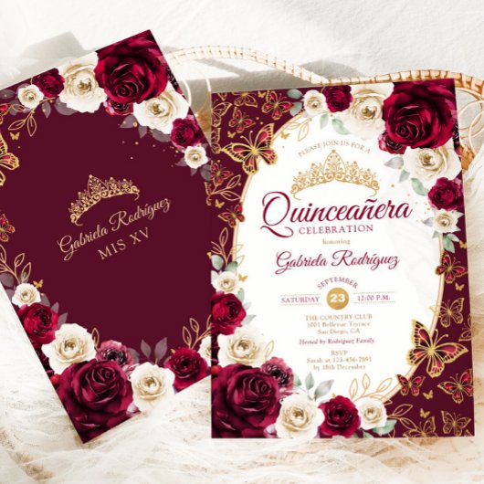 Burgundy Cream Gold Floral Chic Quinceanera Einladung