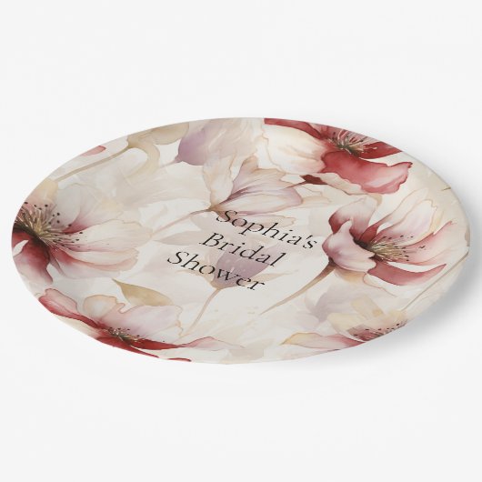 Burgundy Cream Lavender Floral Brautparty Pappteller (Schrägansicht)