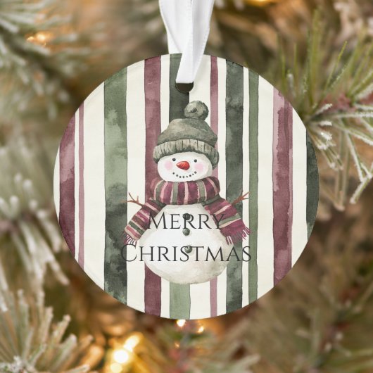 Burgundy Cream Pine Green Stripes Snowman Ornament (Baum)