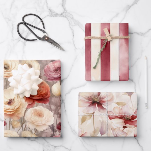 Burgundy Cream Spring Blumen Brautparty Geschenkpapier Set (Vorderseite)