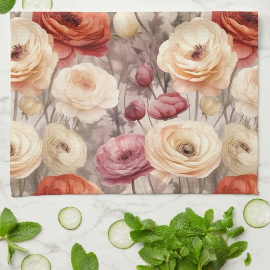 Burgundy Cream Spring Blumen Brautparty Geschirrtuch (Gefaltet)