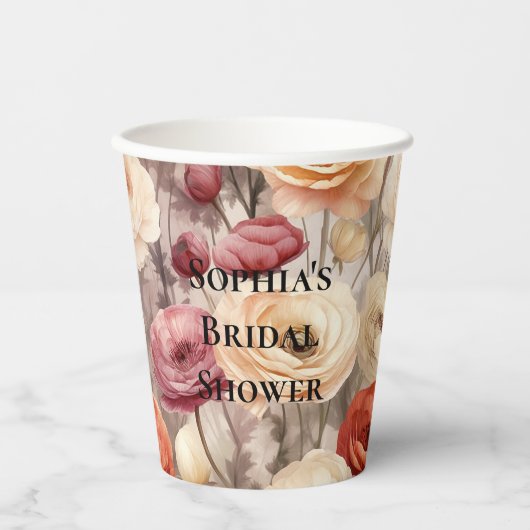 Burgundy Cream Spring Blumen Brautparty Pappbecher (Vorderseite)