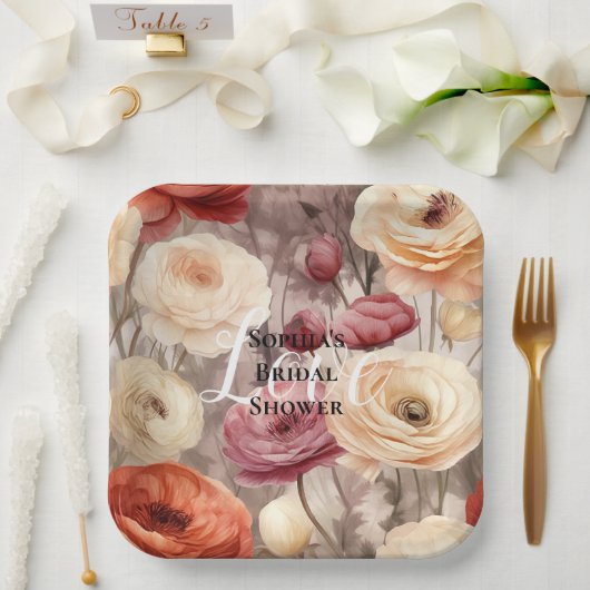 Burgundy Cream Spring Blumen Brautparty Pappteller (Hochzeit)