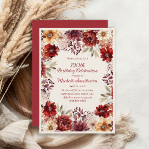 Burgundy Cream Watercolor Floral 100. Geburtstag Einladung