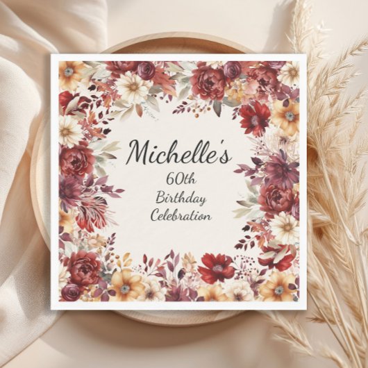 Burgundy Cream Watercolor Floral 60. Geburtstag Serviette