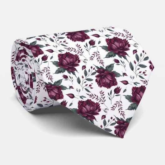 Burgundy Cream Watercolor Floral Krawatte (Gerollt)