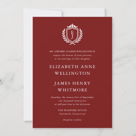 Burgundy Crest Wedding Custom Initials Einladung (Vorderseite)