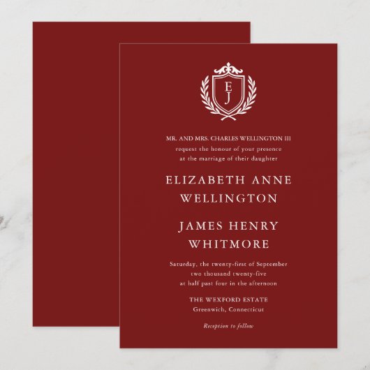 Burgundy Crest Wedding Custom Initials Einladung (Vorne/Hinten)