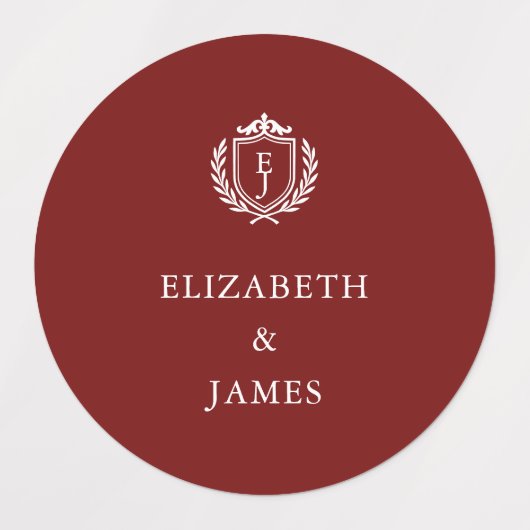Burgundy Crest Wedding Custom Initials Etiketten (Design 2)